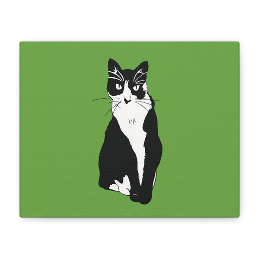 Cat Canvas on Green (B&W Style Cat) - Cat Drawing Art