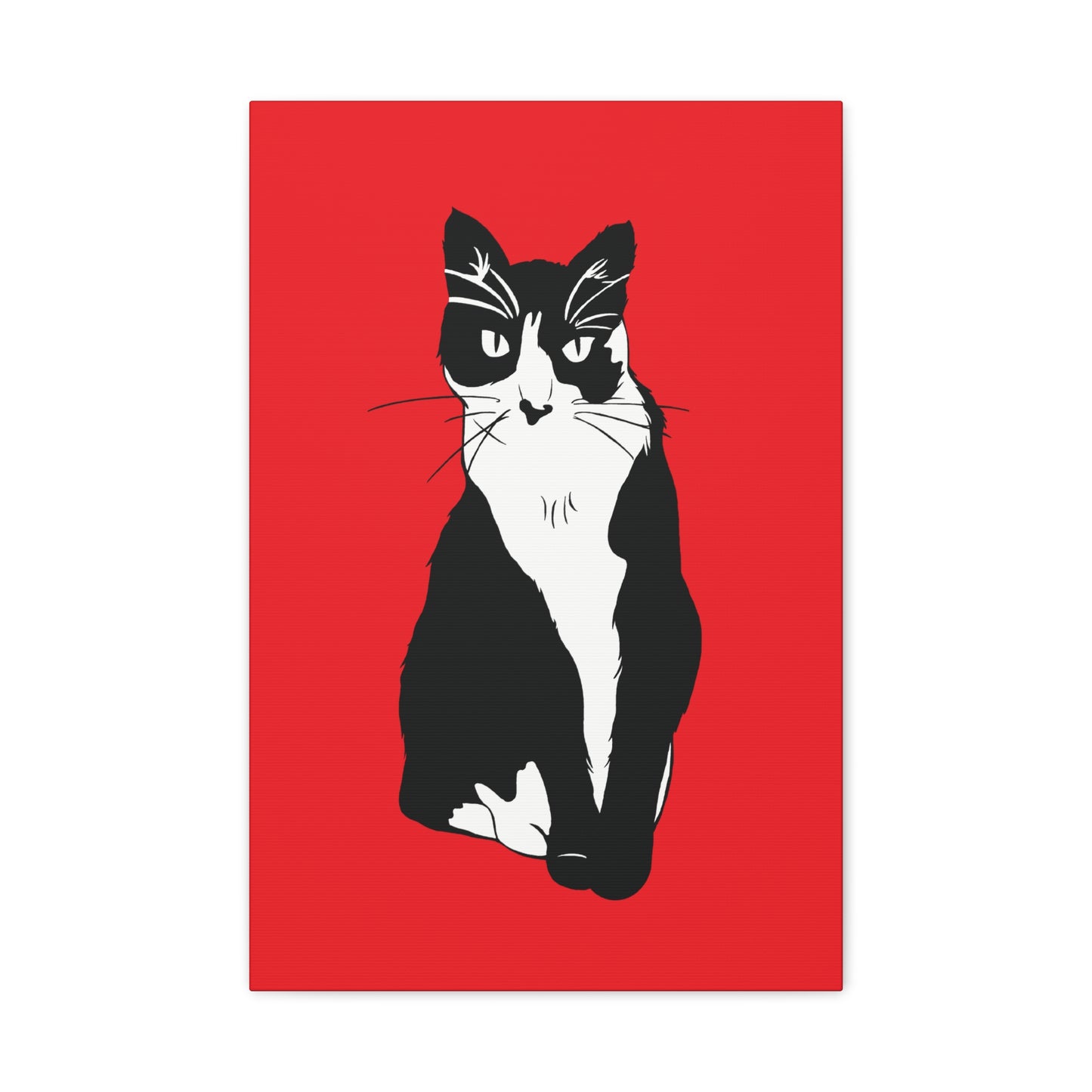 Cat Canvas on Red (B&W Style Cat) - Cat Drawing Art