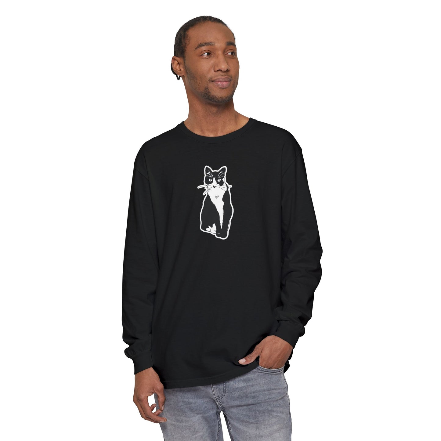 Cat Long Sleeve Tee (Sticker Style Cat) - Cat Drawing Shirt