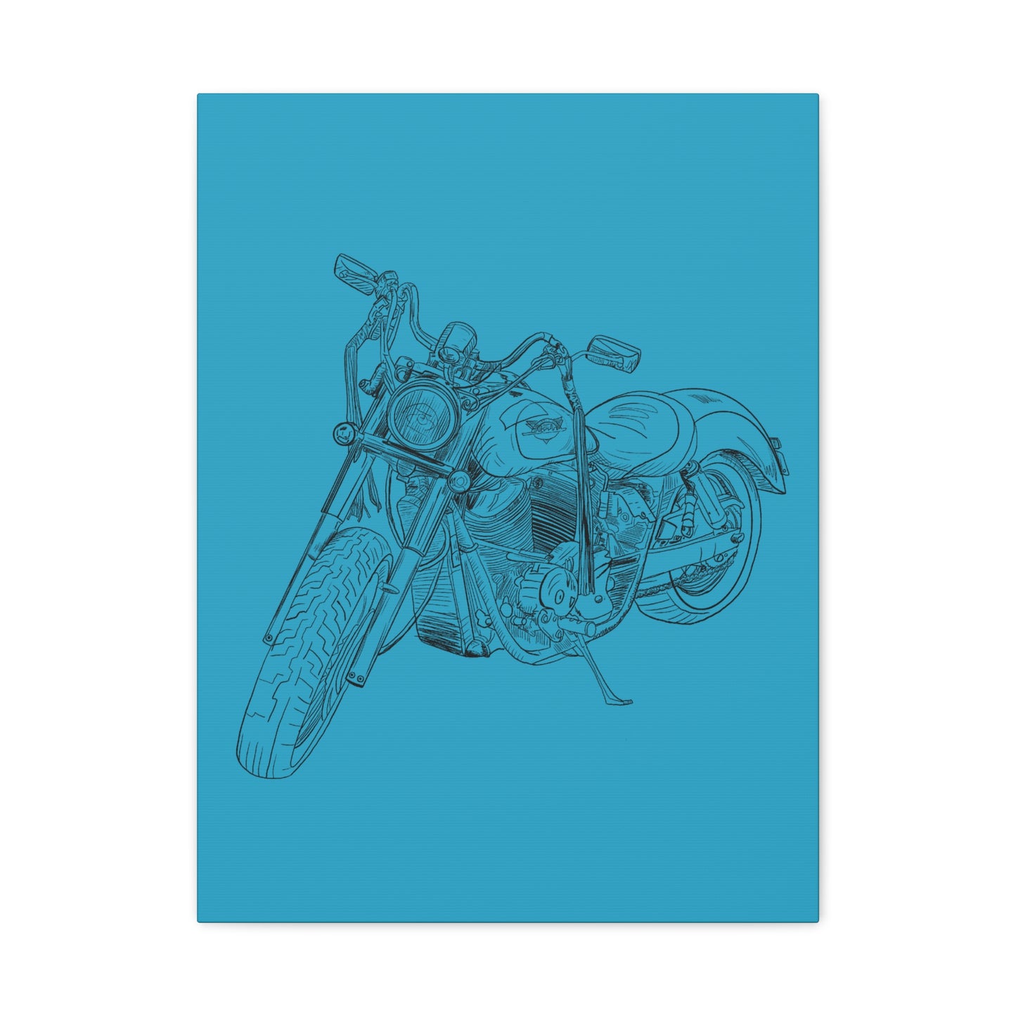 Ride Me Harley Motorcycle Sketch Canvas Print - Black Ink on Turquoise Background
