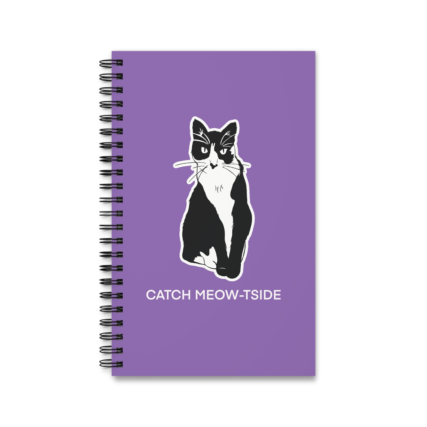 Catch Meow-tside Notebook in Light Purple (Sticker Style Cat with White Writing) - Cat Spiral Notebook