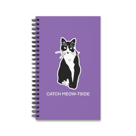 Catch Meow-tside Notebook in Light Purple (Sticker Style Cat with White Writing) - Cat Spiral Notebook