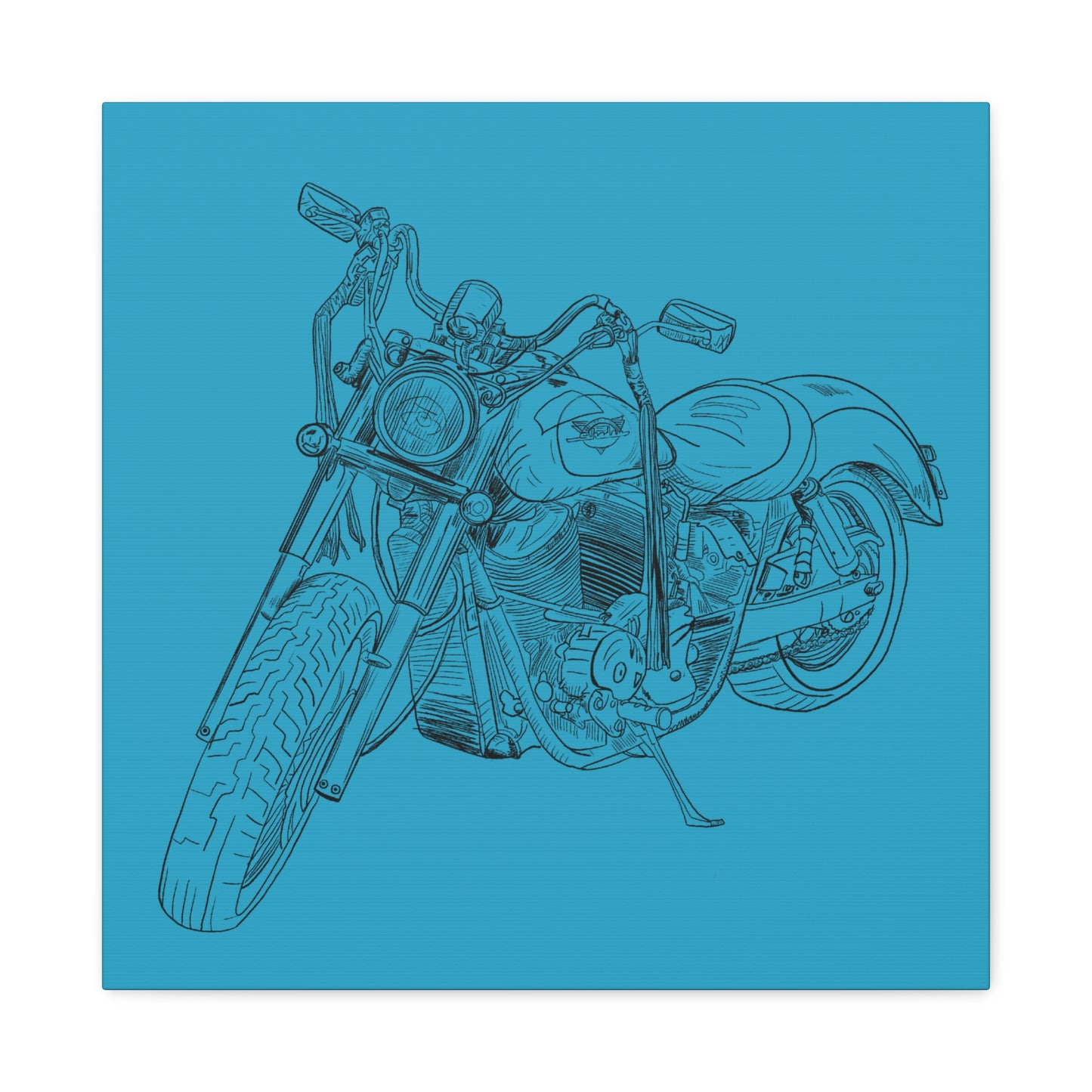 Ride Me Harley Motorcycle Sketch Canvas Print - Black Ink on Turquoise Background