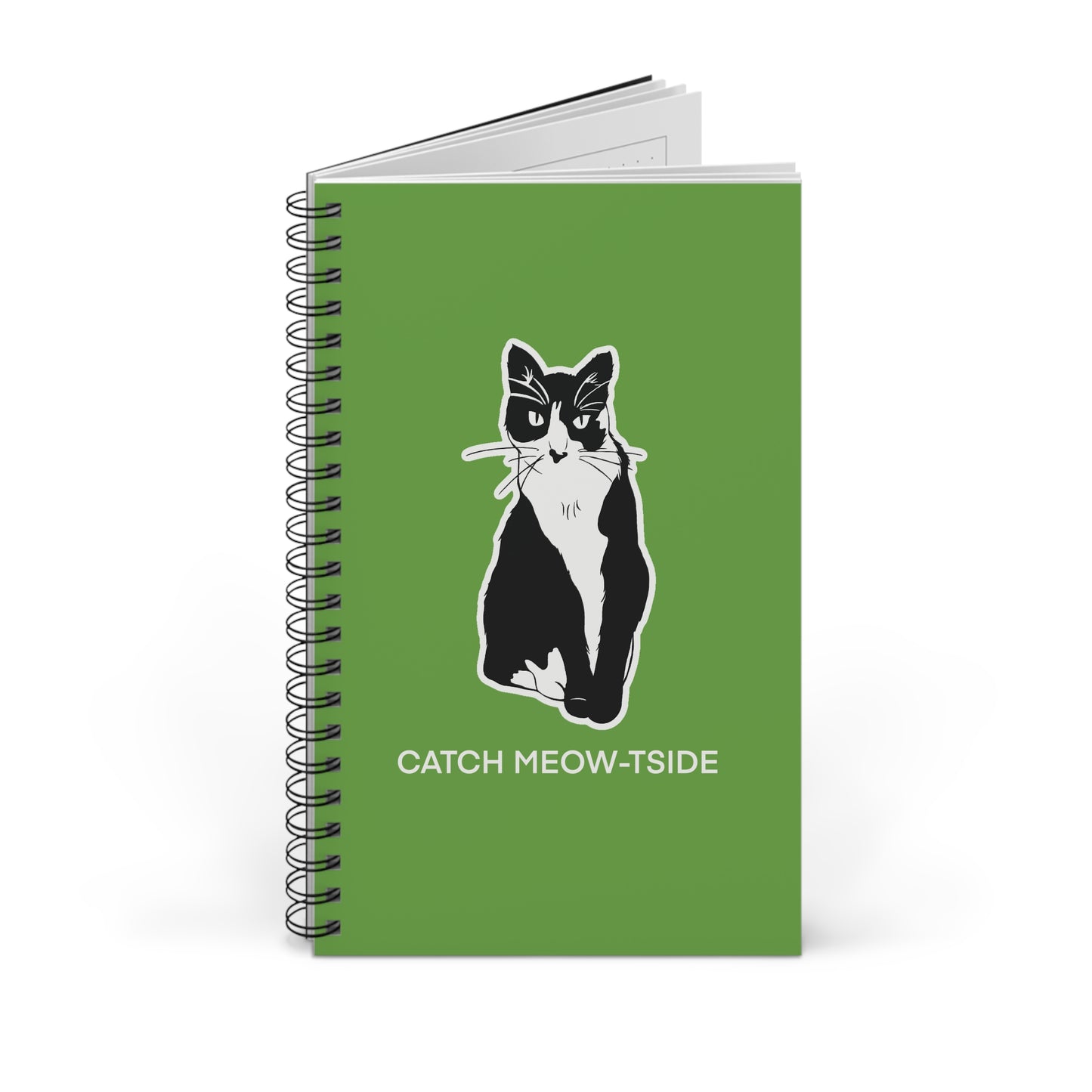 Catch Meow-tside Notebook in Green (Sticker Style Cat with White Writing) - Cat Spiral Notebook