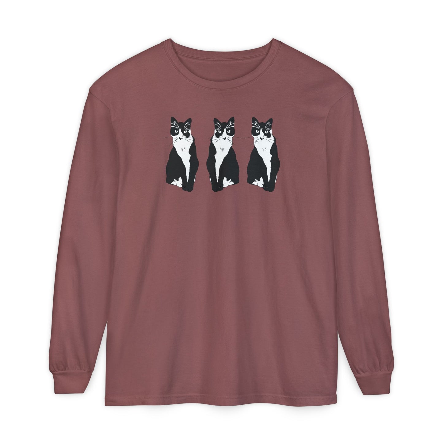 Cat x3 Long Sleeve Tee (B&W Style Cat) - Cat Drawing Shirt