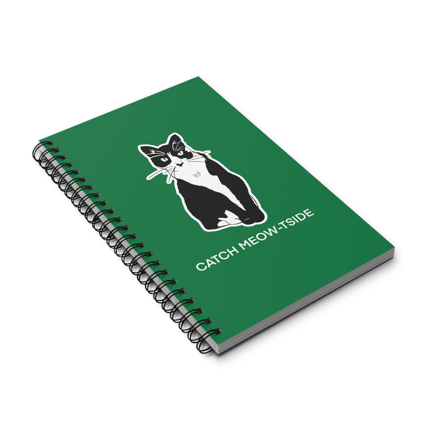 Catch Meow-tside Notebook in Dark Green (Sticker Style Cat with White Writing) - Cat Spiral Notebook