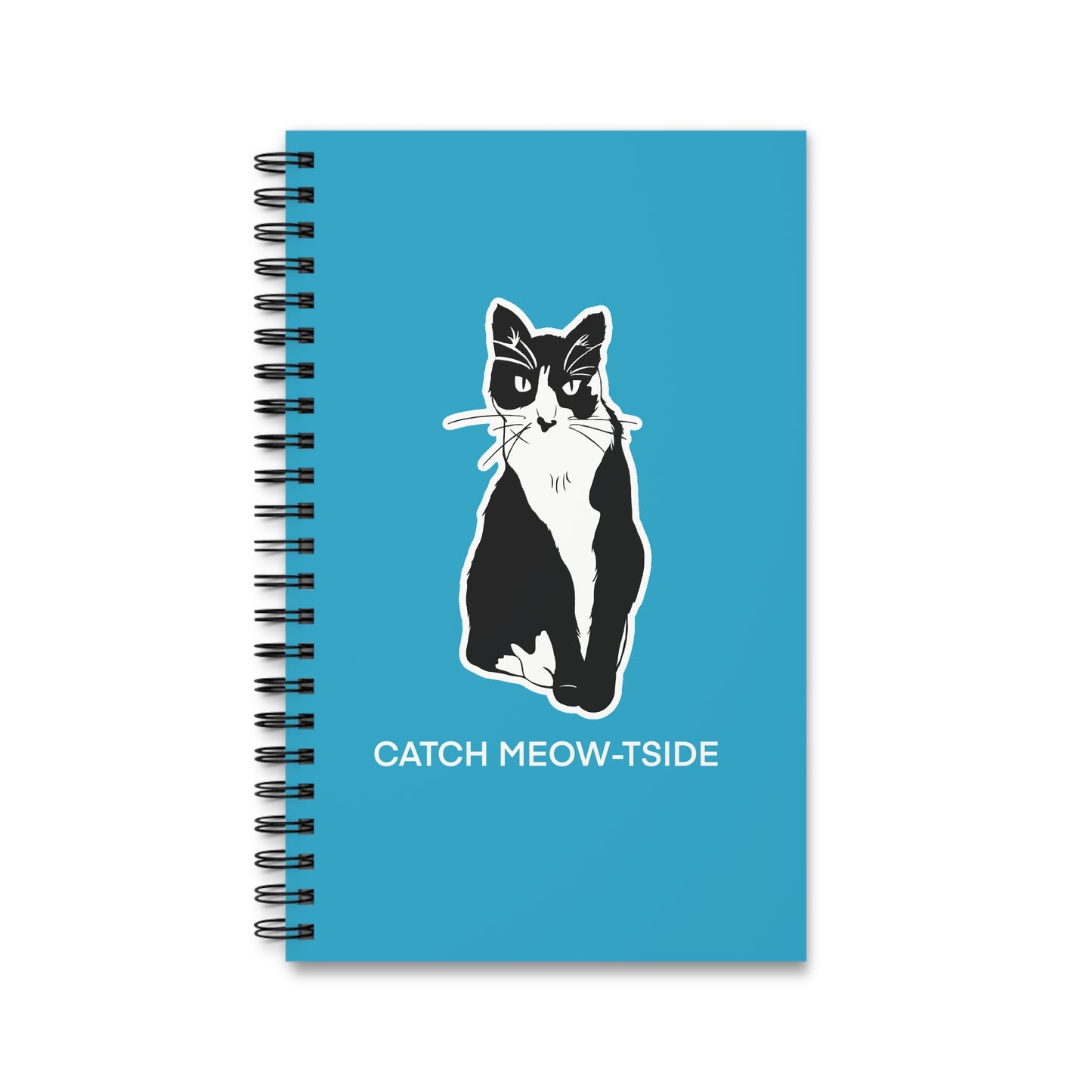 Catch Meow-tside Notebook in Turquoise (Sticker Style Cat with White Writing) - Cat Spiral Notebook