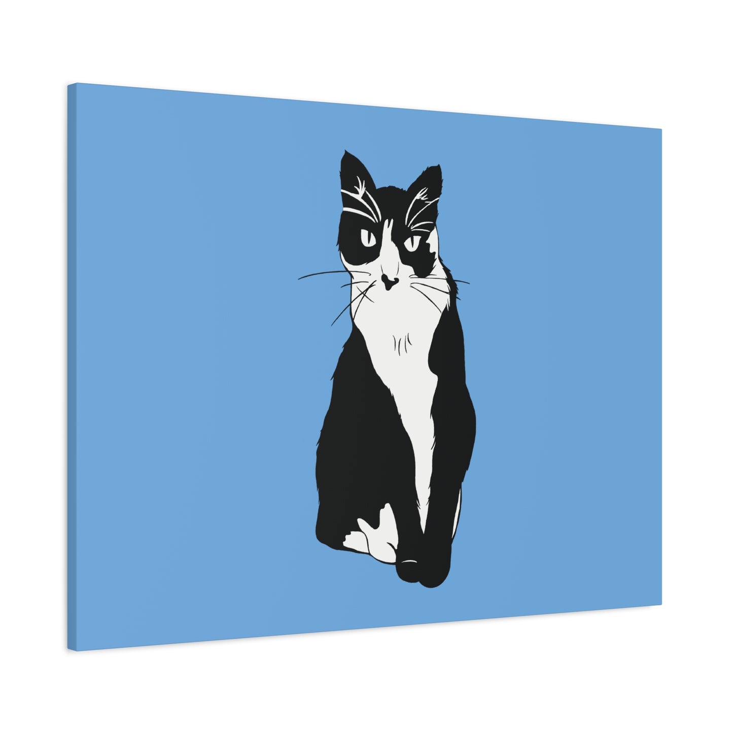 Cat Canvas on Light Blue (B&W Style Cat) - Cat Drawing Art