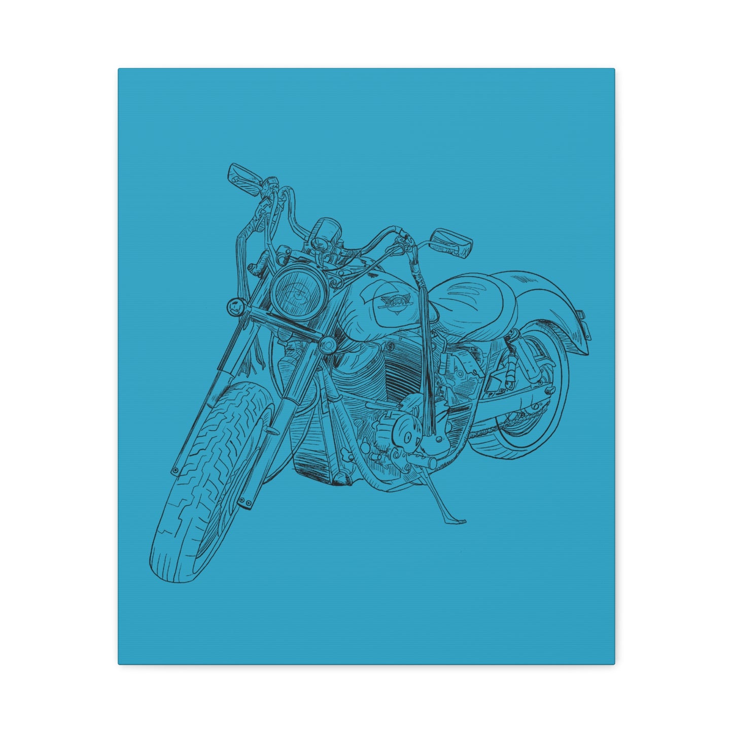 Ride Me Harley Motorcycle Sketch Canvas Print - Black Ink on Turquoise Background