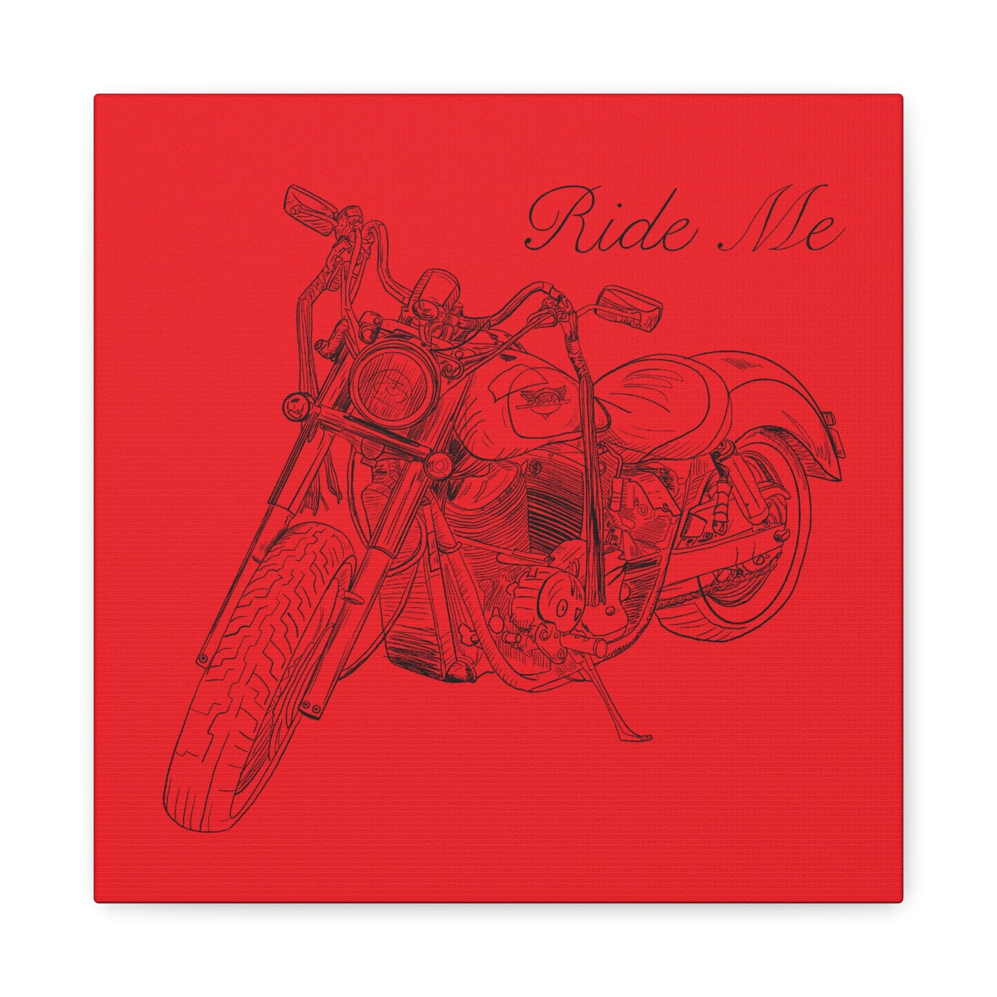 Ride Me Harley Motorcycle Sketch Canvas Print - Black Ink on Red Background