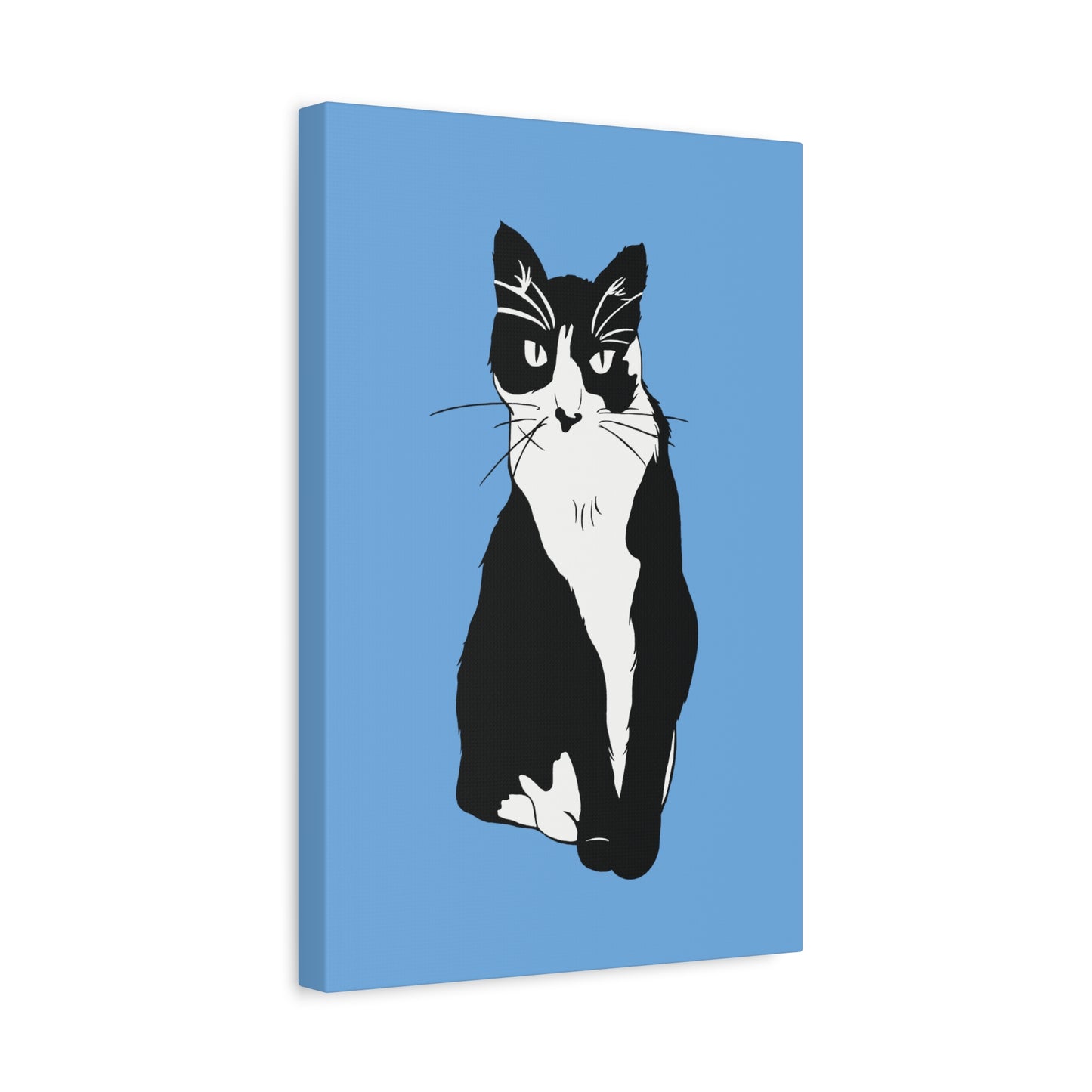 Cat Canvas on Light Blue (B&W Style Cat) - Cat Drawing Art