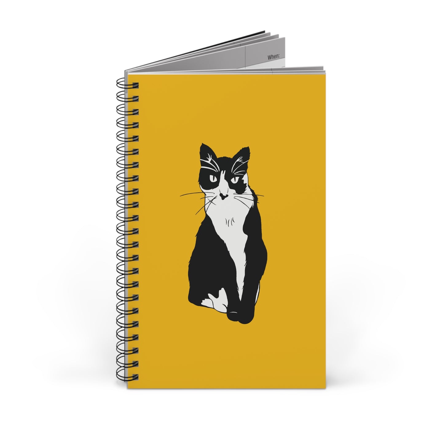 Cat Notebook in Yellow (B&W Style Cat) - Cat Spiral Notebook