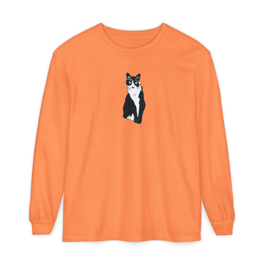 Cat Long Sleeve Tee (B&W Style Cat) - Cat Drawing Shirt
