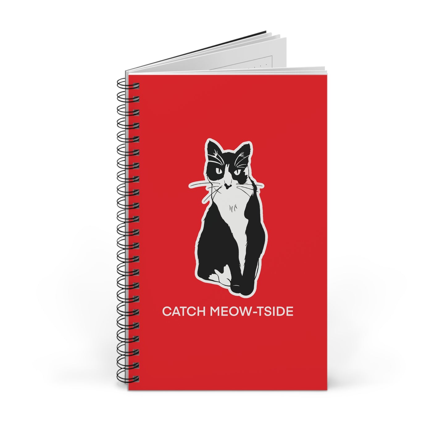 Catch Meow-tside Notebook in Red (Sticker Style Cat with White Writing) - Cat Spiral Notebook