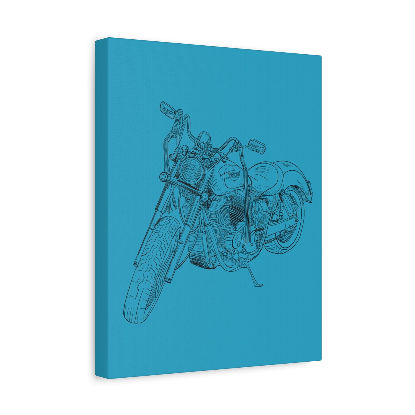 Ride Me Harley Motorcycle Sketch Canvas Print - Black Ink on Turquoise Background