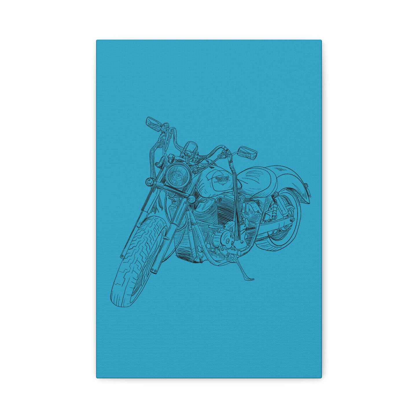 Ride Me Harley Motorcycle Sketch Canvas Print - Black Ink on Turquoise Background
