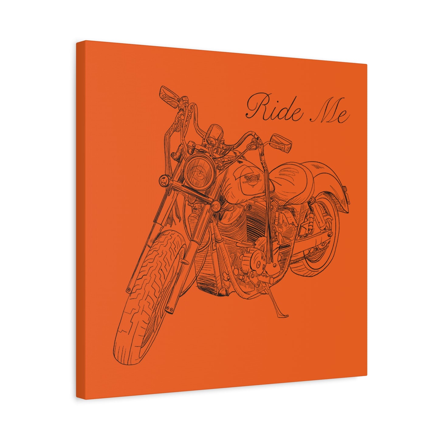 Ride Me Harley Motorcycle Sketch Canvas Print - Black Ink on Orange Background