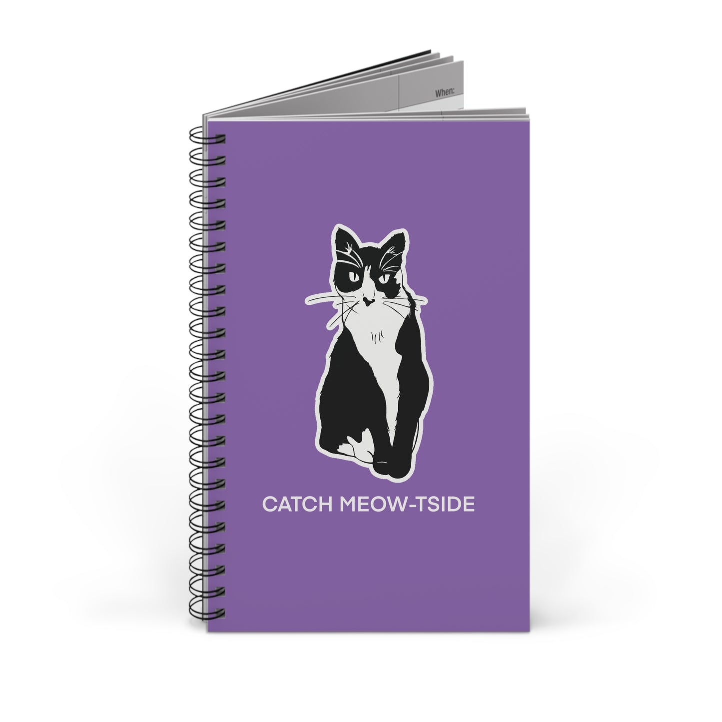 Catch Meow-tside Notebook in Light Purple (Sticker Style Cat with White Writing) - Cat Spiral Notebook