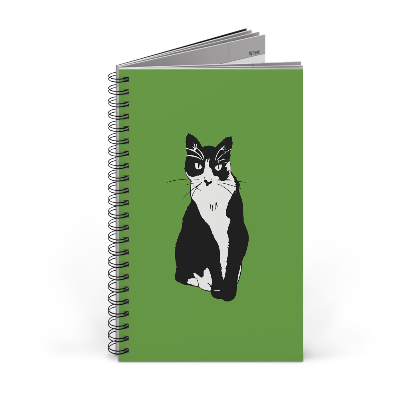 Cat Notebook on Green (B&W Style Cat) - Cat Spiral Notebook
