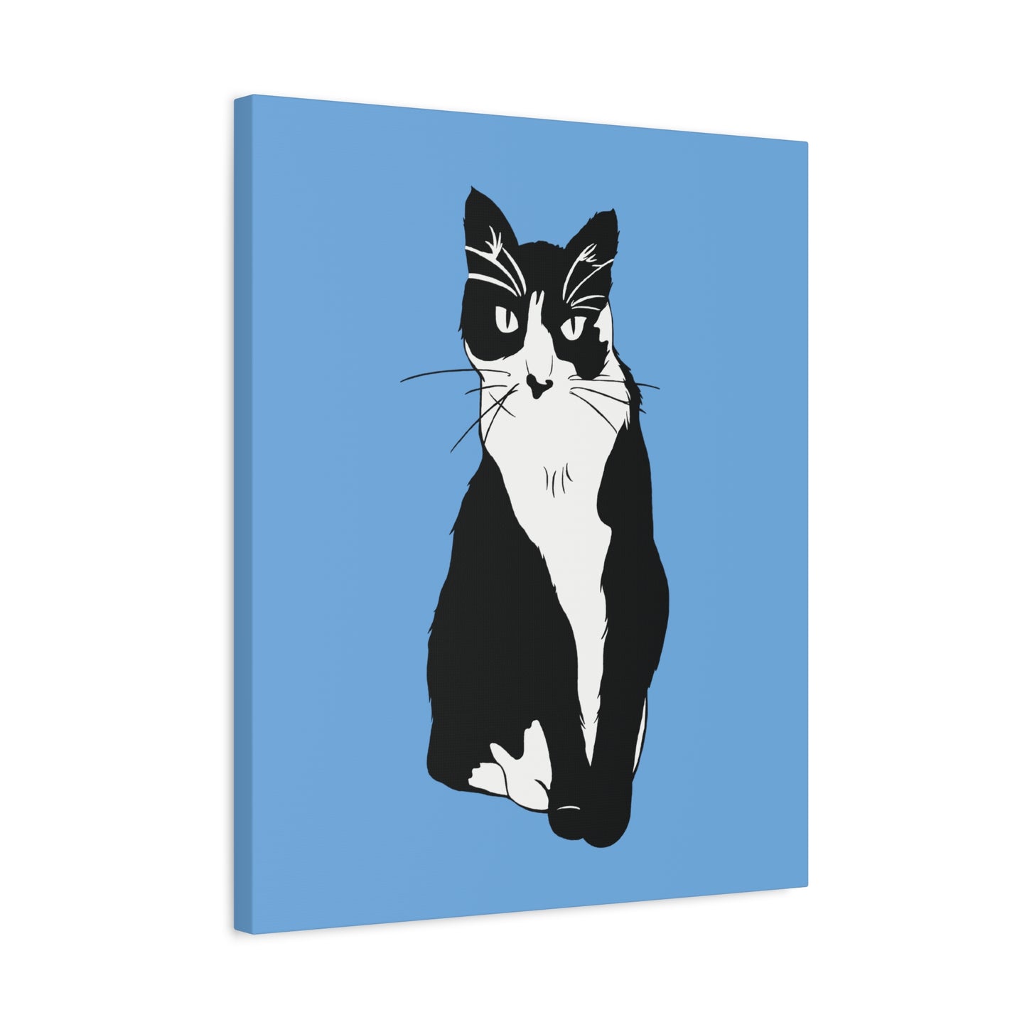 Cat Canvas on Light Blue (B&W Style Cat) - Cat Drawing Art