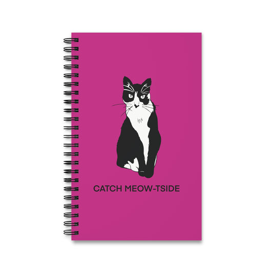 Catch Meow-tside Notebook in Pink (B&W Style Cat) - Cat Spiral Notebook