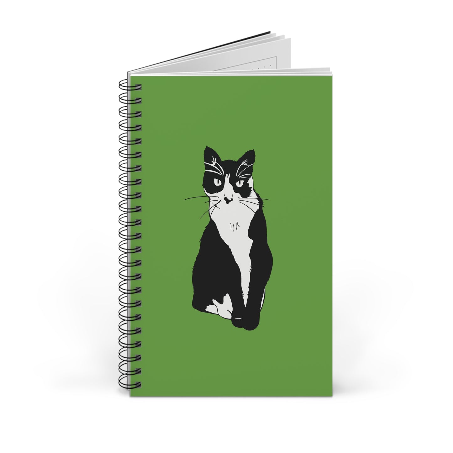 Cat Notebook on Green (B&W Style Cat) - Cat Spiral Notebook
