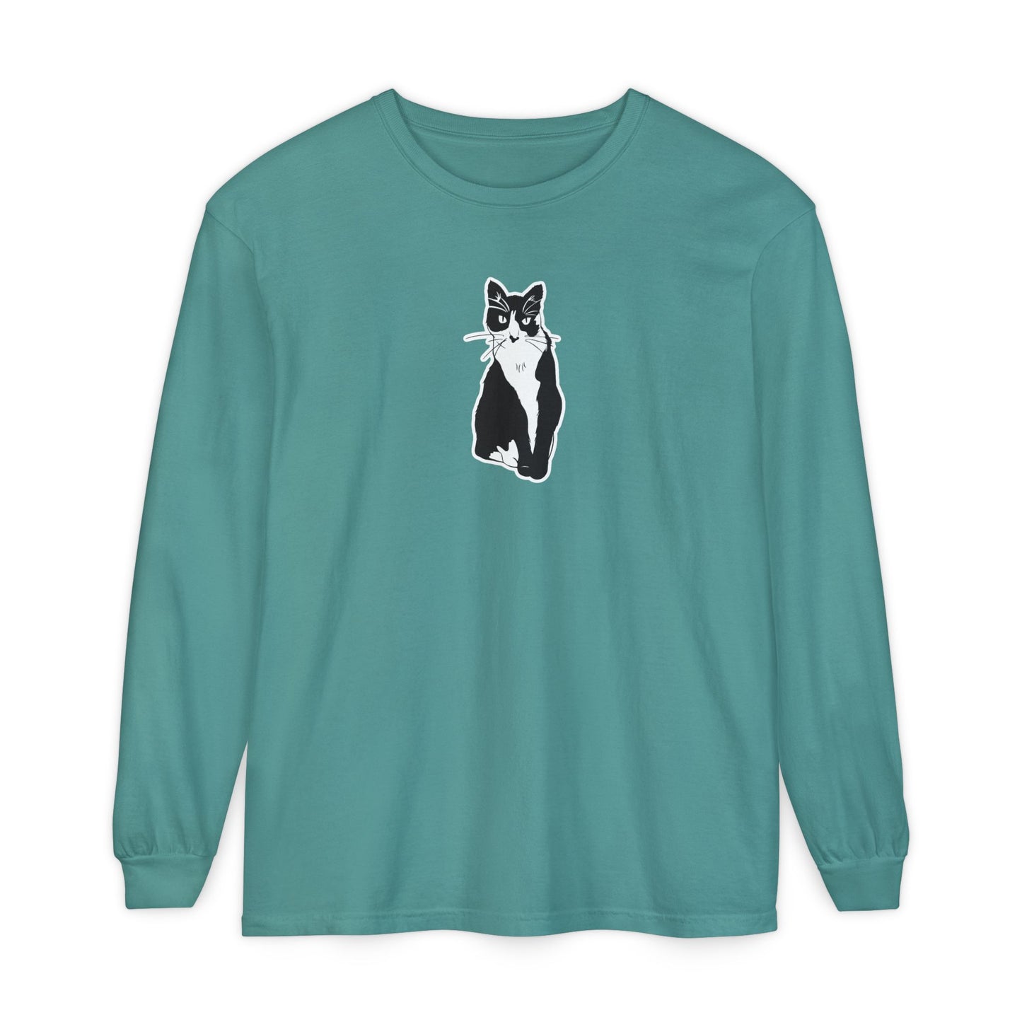 Cat Long Sleeve Tee (Sticker Style Cat) - Cat Drawing Shirt