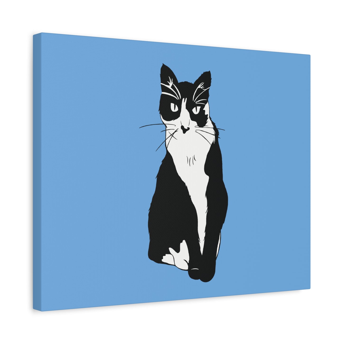 Cat Canvas on Light Blue (B&W Style Cat) - Cat Drawing Art