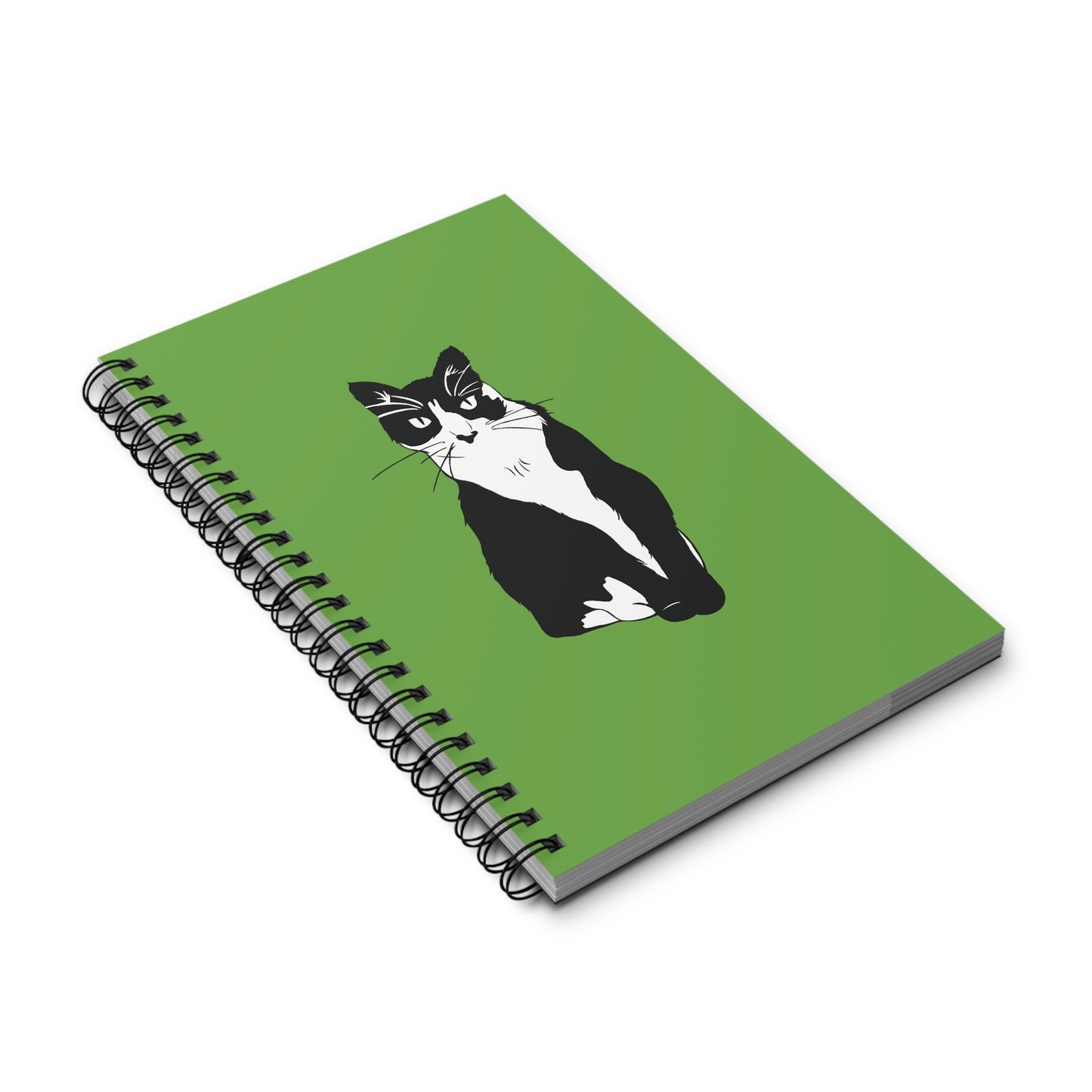 Cat Notebook on Green (B&W Style Cat) - Cat Spiral Notebook