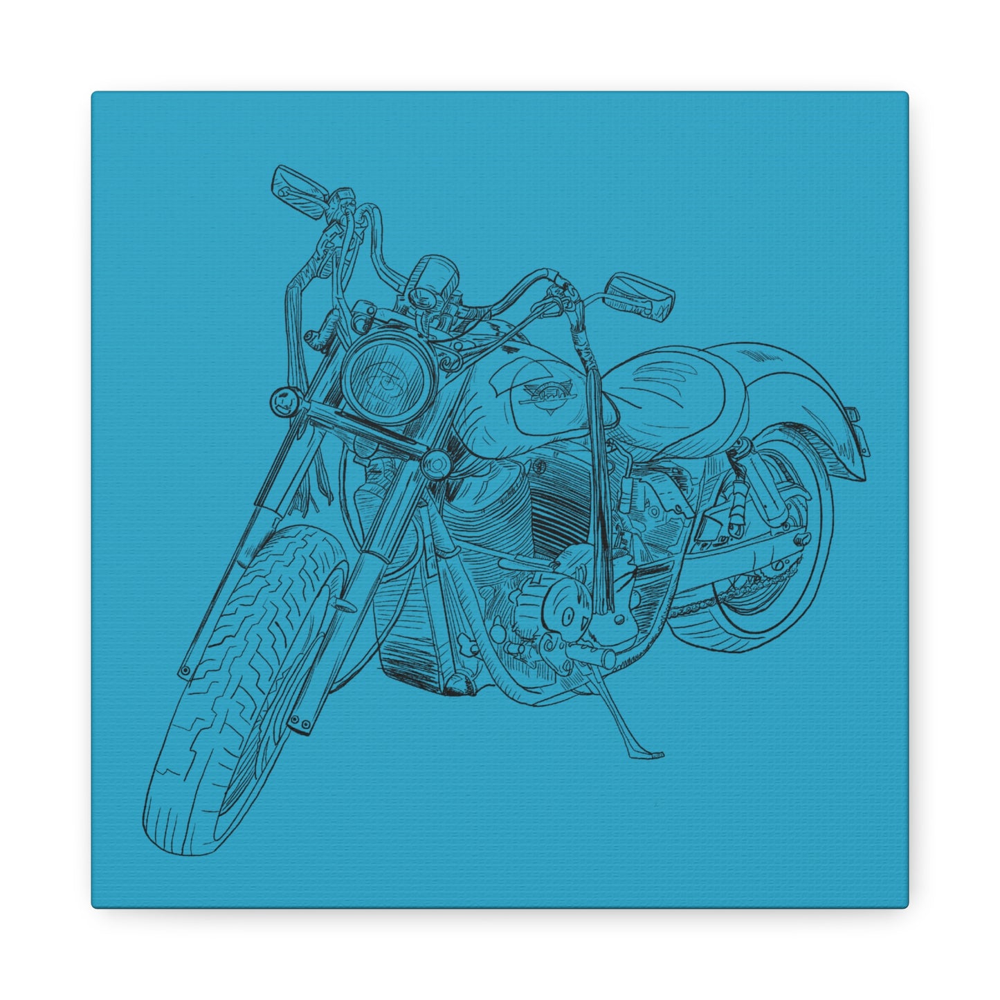 Ride Me Harley Motorcycle Sketch Canvas Print - Black Ink on Turquoise Background