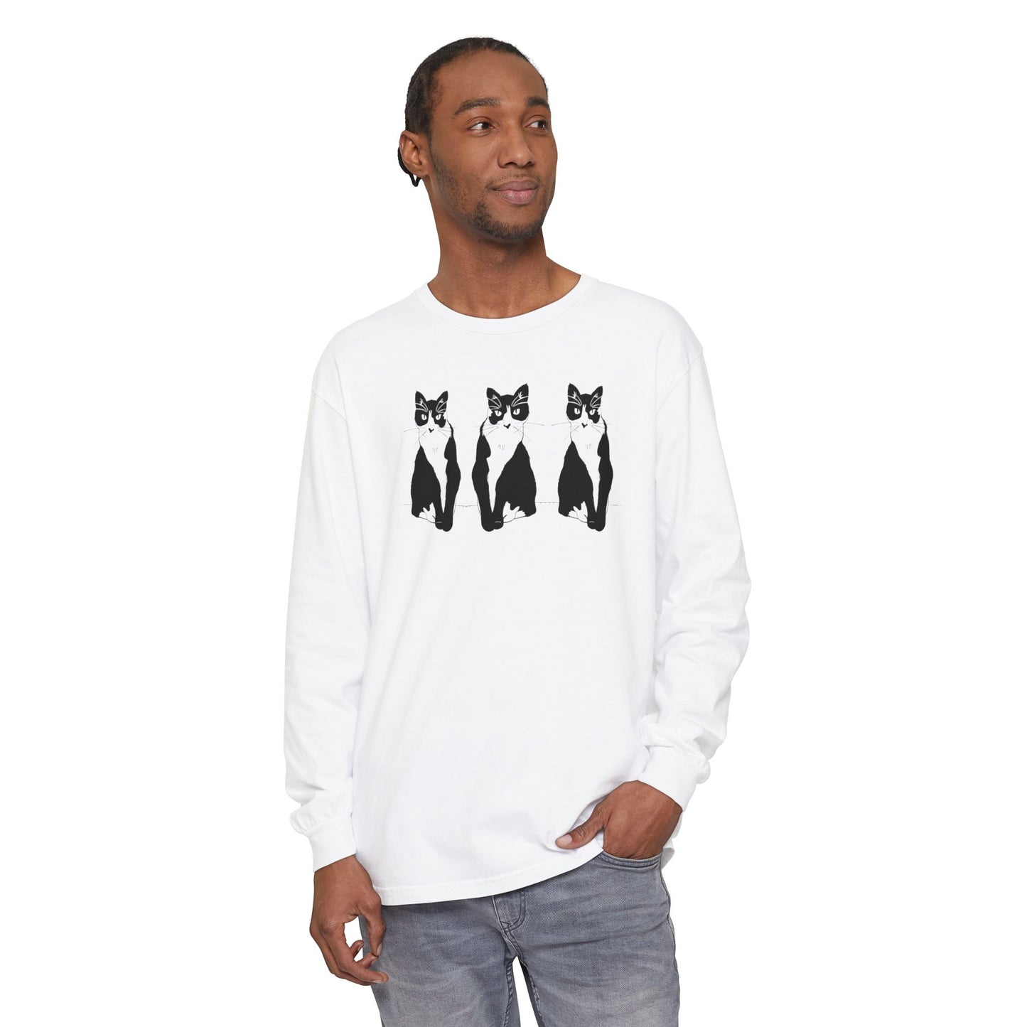 Cat x3 Long Sleeve Tee (Transparent Style Cat) - Cat Drawing Shirt