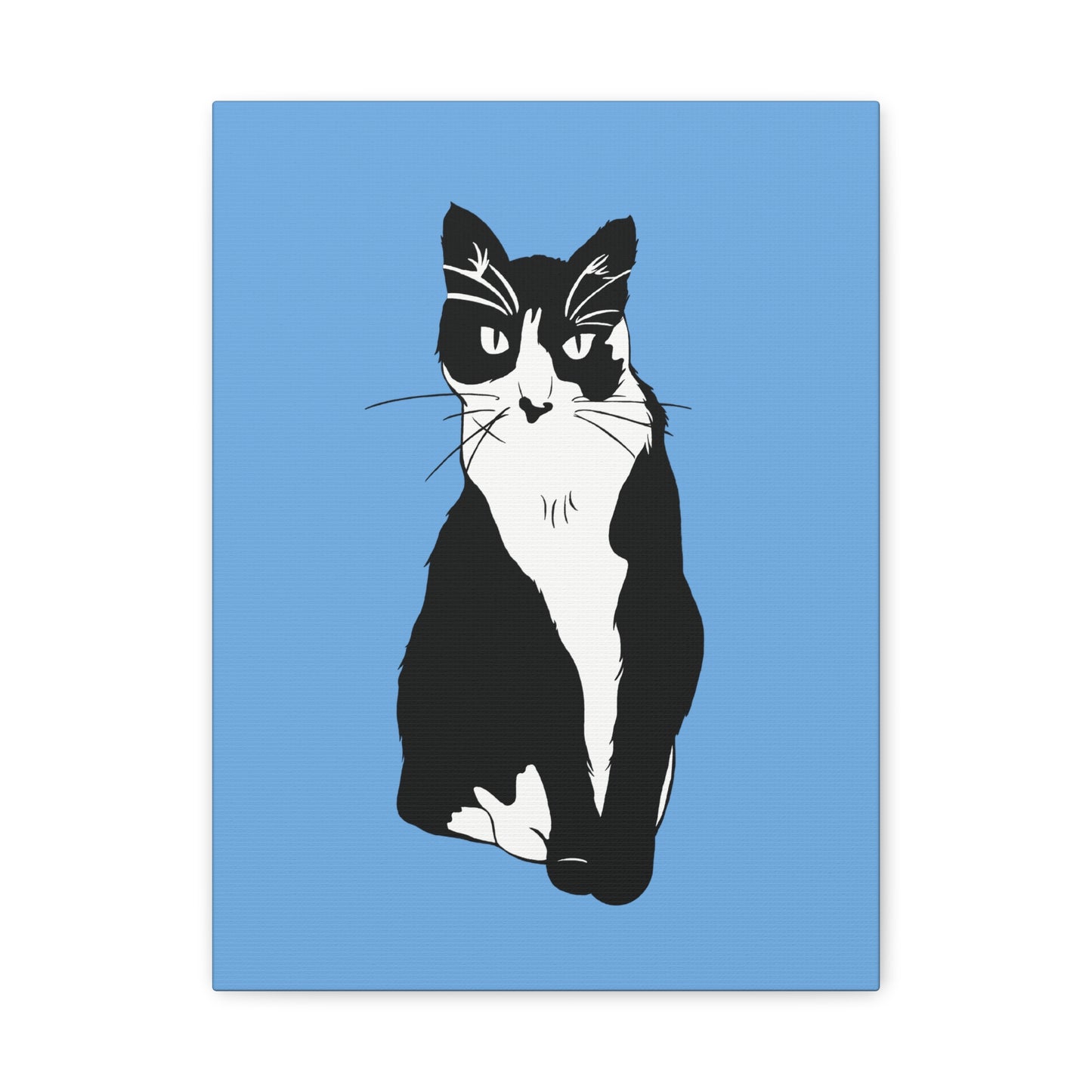 Cat Canvas on Light Blue (B&W Style Cat) - Cat Drawing Art