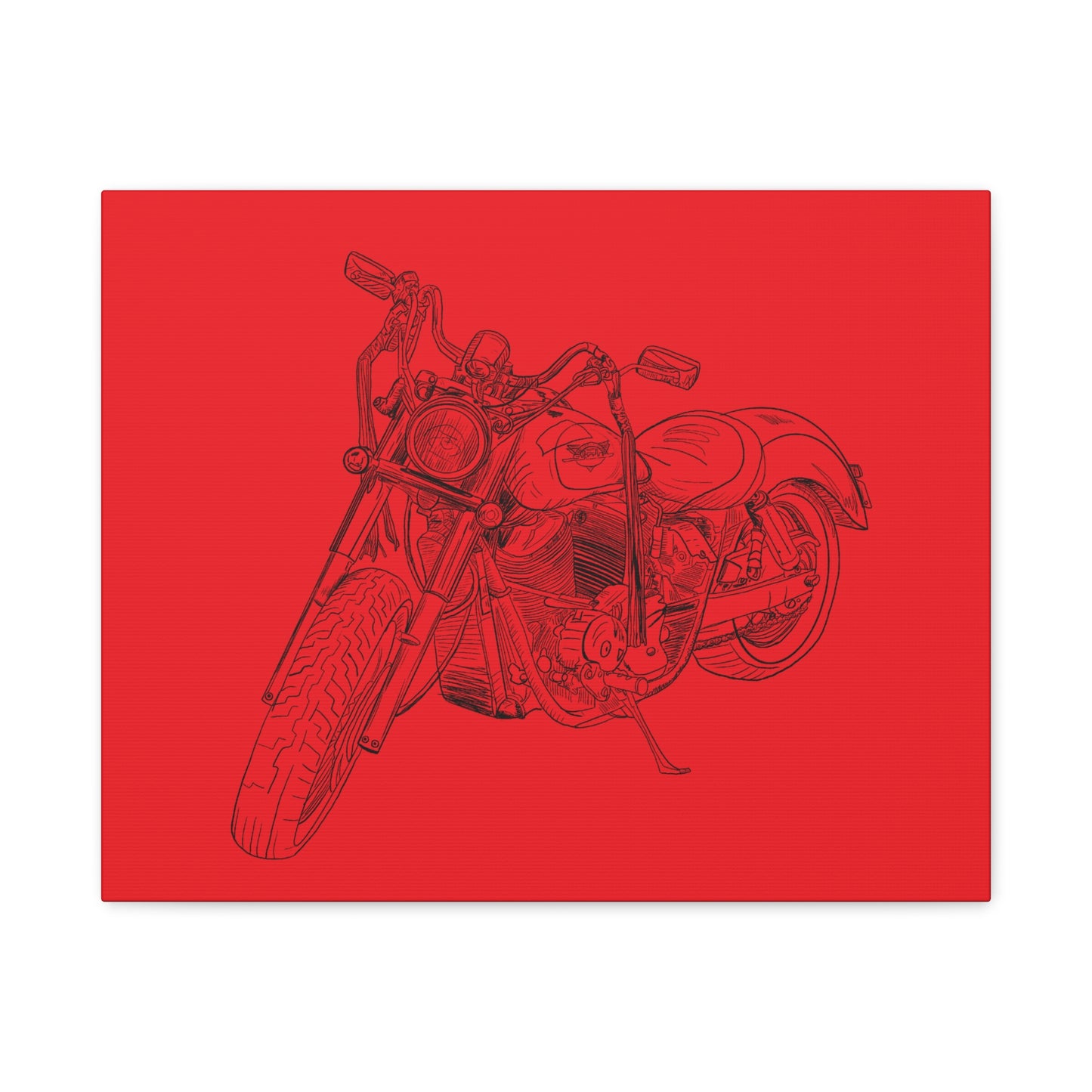 Harley Motorcycle Sketch Canvas Print - Black Ink on Red Background
