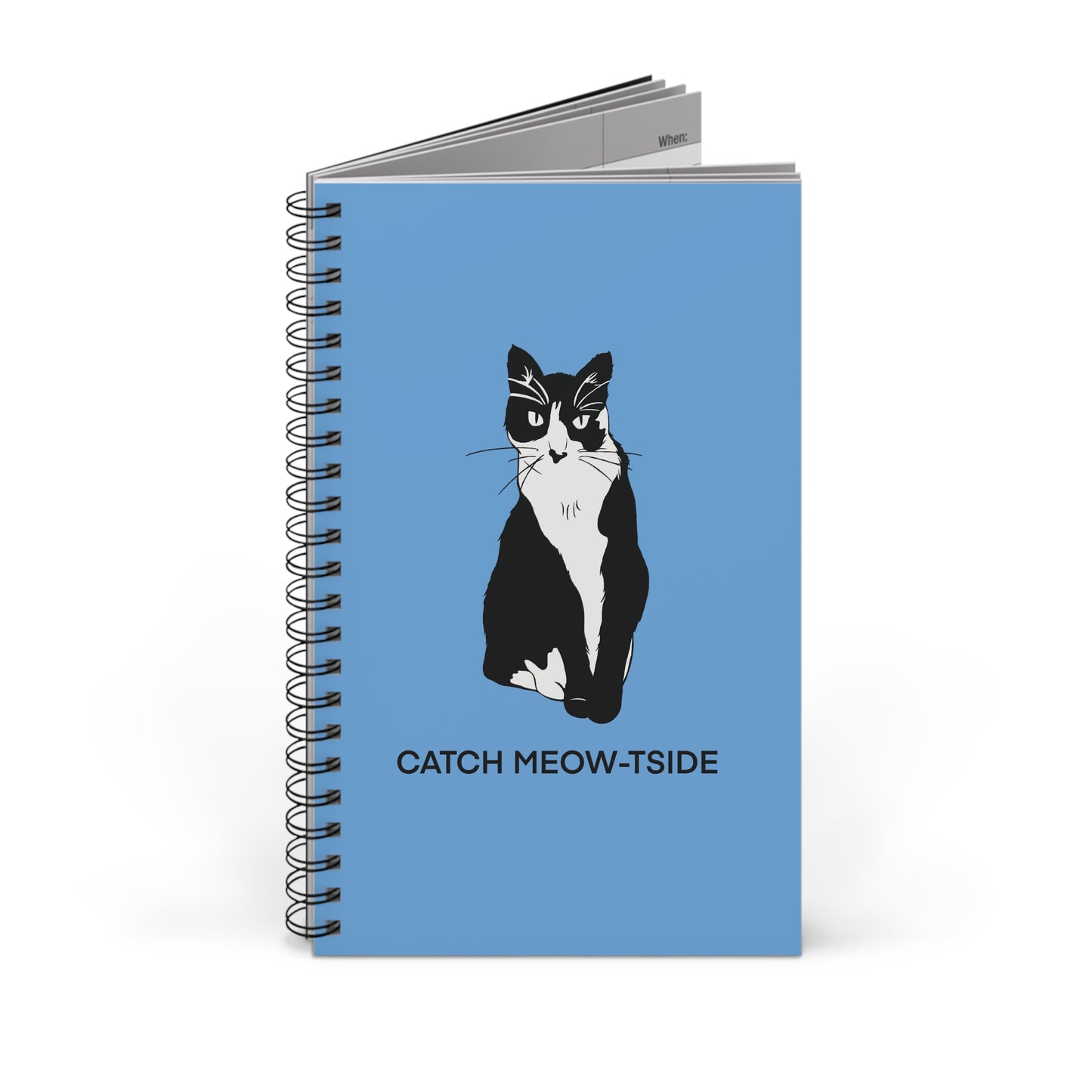 Catch Meow-tside Notebook in Light Blue (B&W Style Cat) - Cat Spiral Notebook