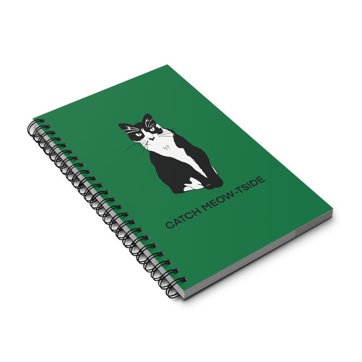 Catch Meow-tside Notebook in Dark Green (B&W Style Cat) - Cat Spiral Notebook