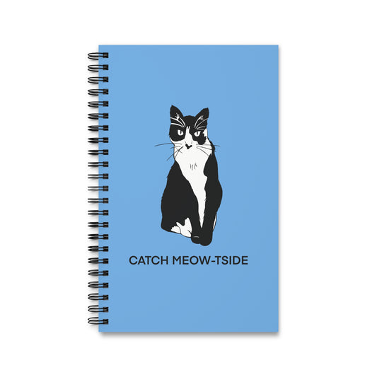 Catch Meow-tside Notebook in Light Blue (B&W Style Cat) - Cat Spiral Notebook