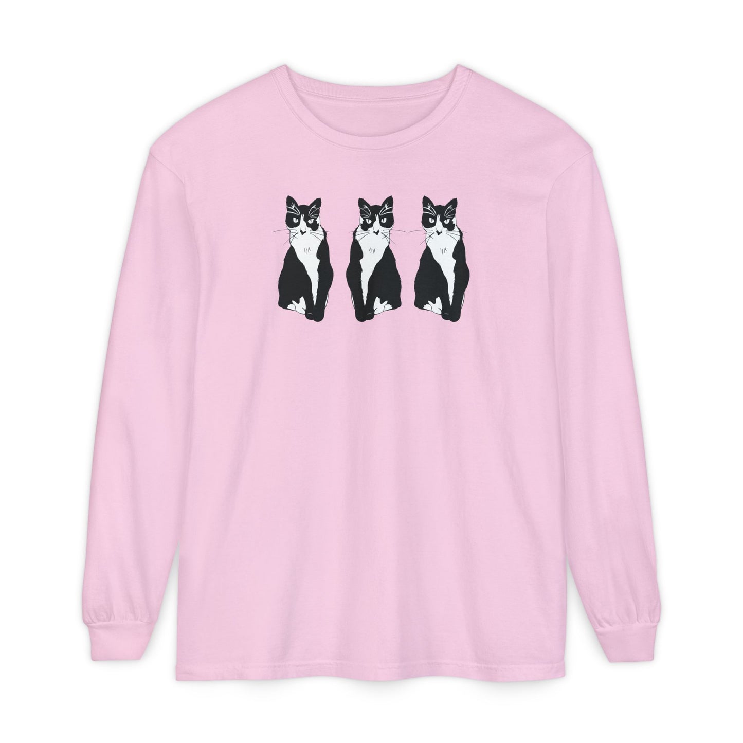 Cat x3 Long Sleeve Tee (B&W Style Cat) - Cat Drawing Shirt