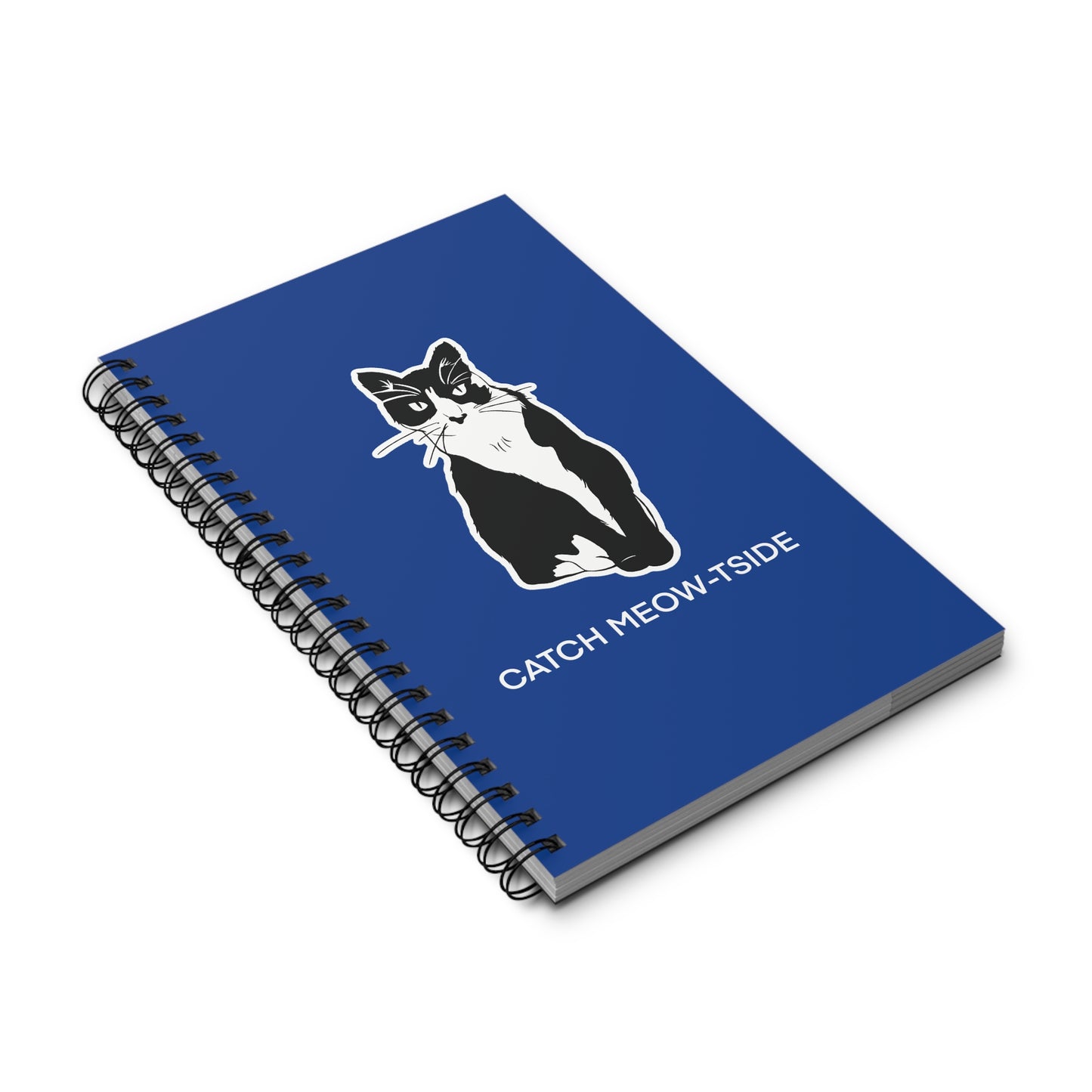 Catch Meow-tside Notebook in Blue (Sticker Style Cat with White Writing) - Cat Spiral Notebook