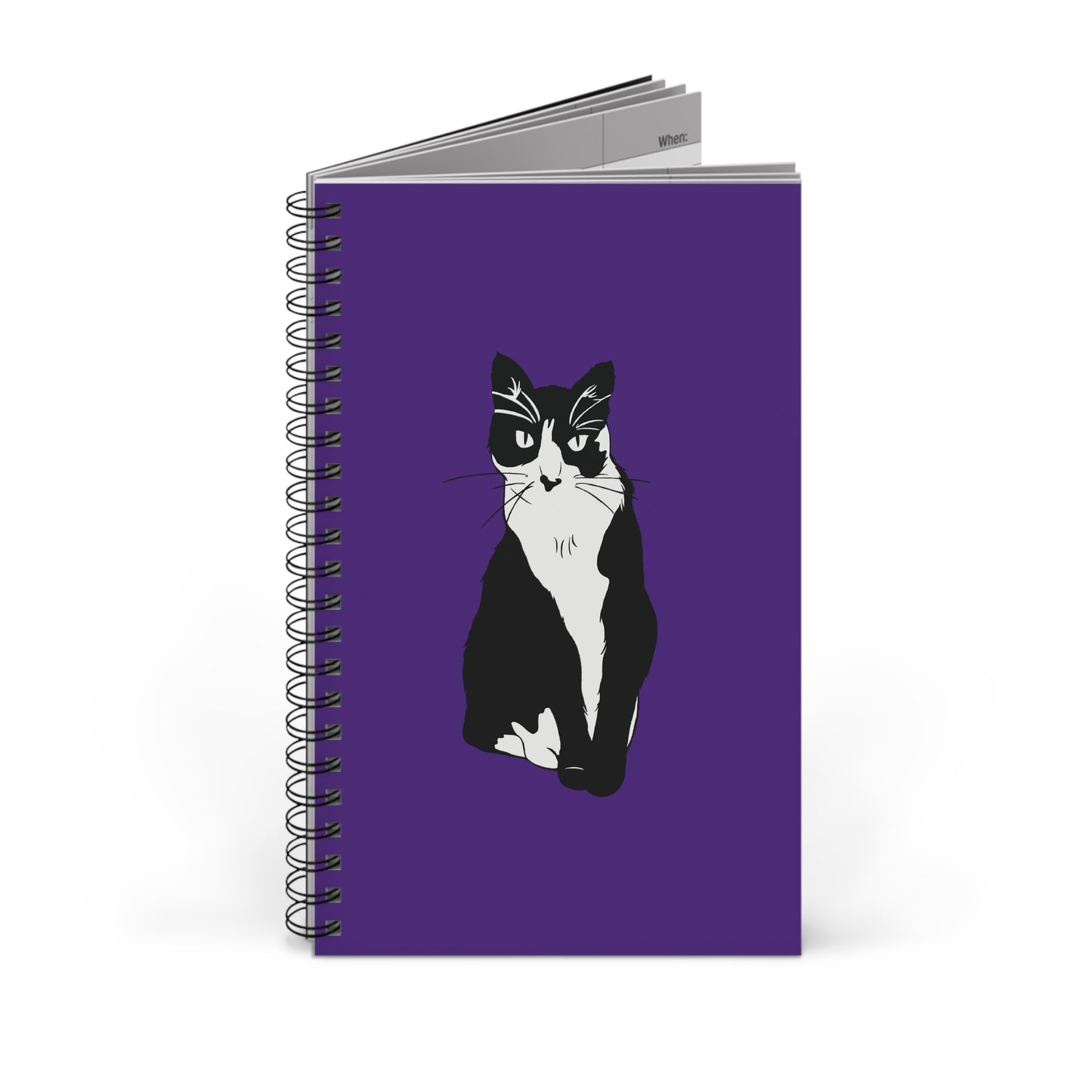 Cat Notebook in Purple (B&W Style Cat) - Cat Spiral Notebook