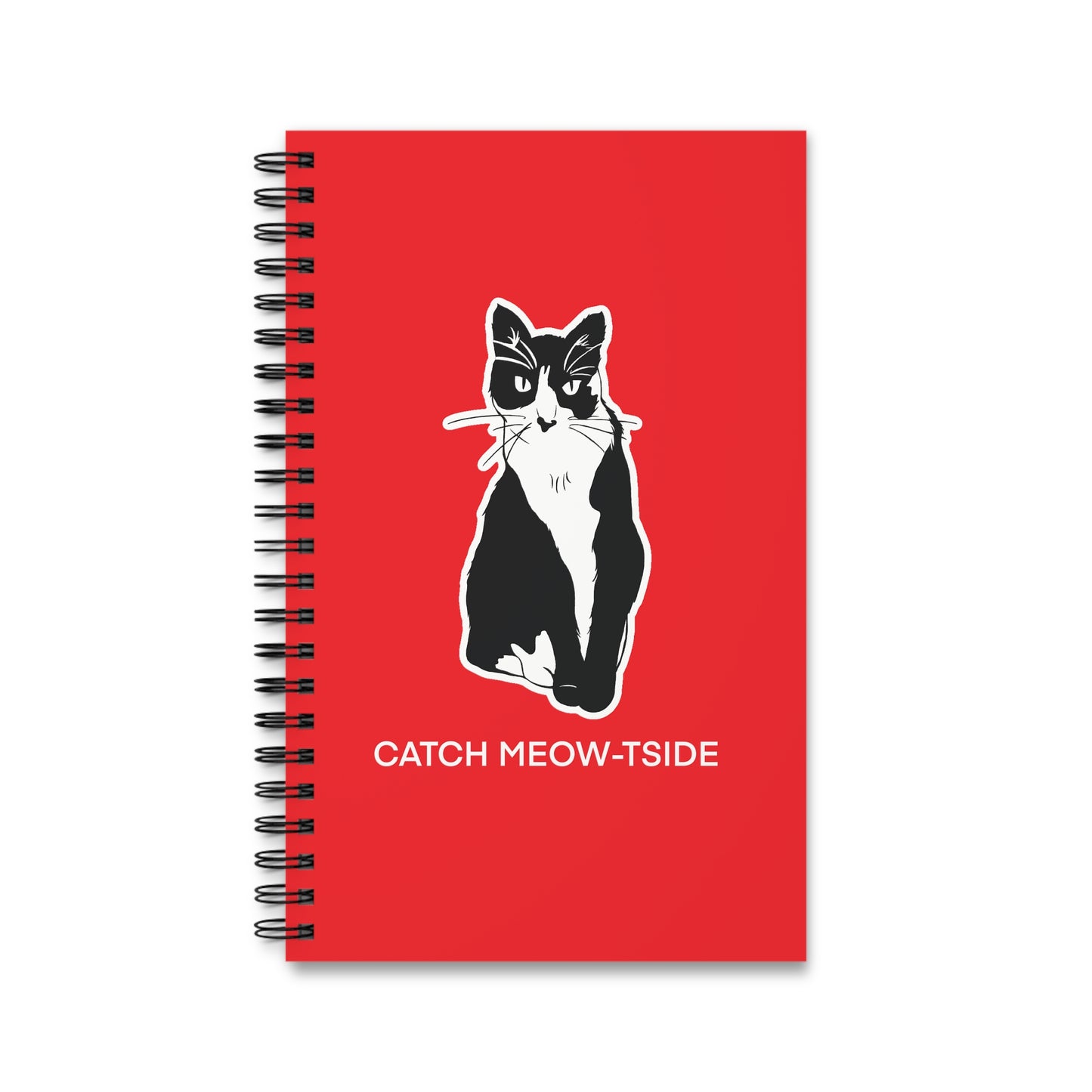Catch Meow-tside Notebook in Red (Sticker Style Cat with White Writing) - Cat Spiral Notebook