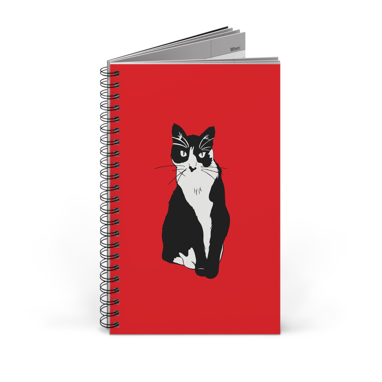 Cat Notebook in Red (B&W Style Cat) - Cat Spiral Notebook