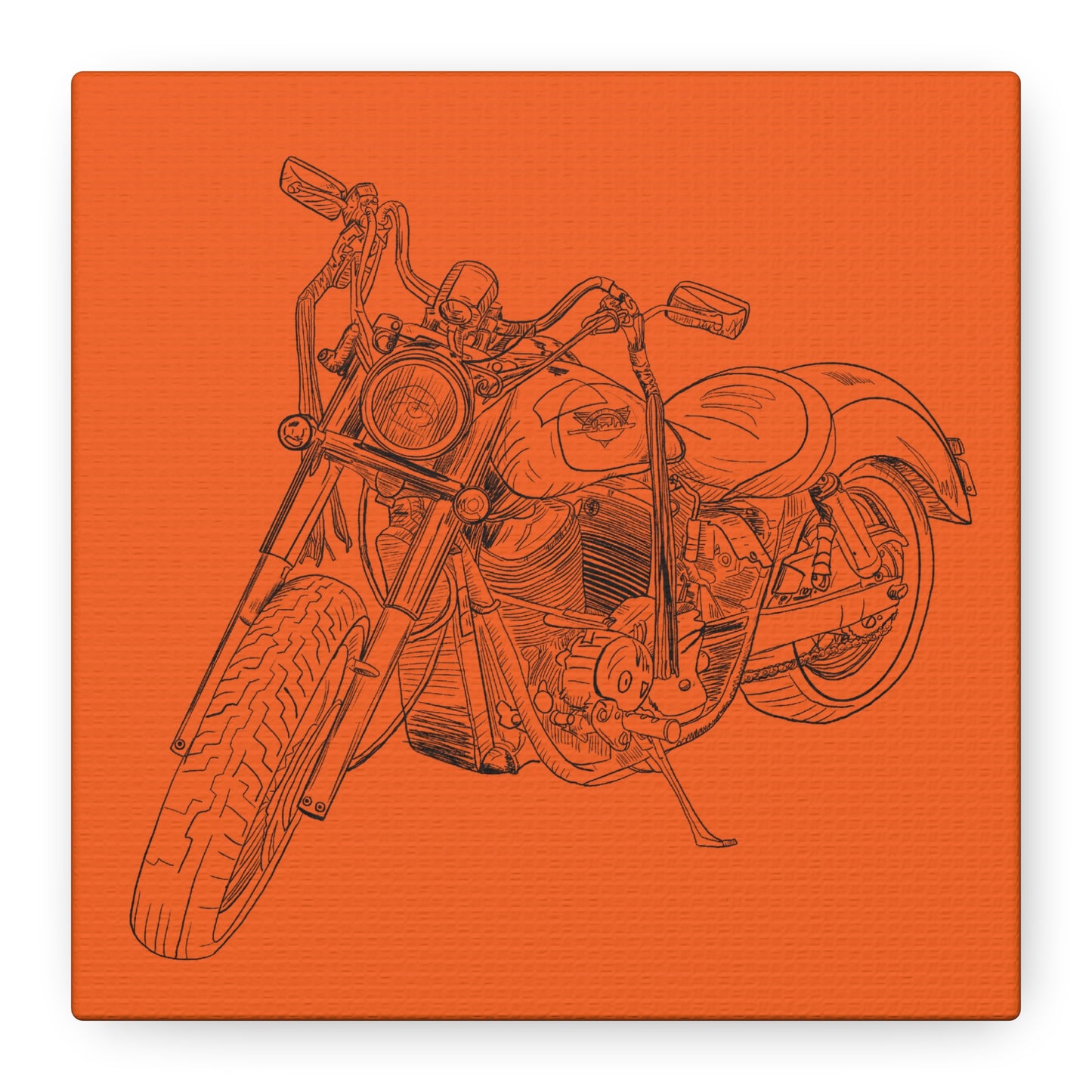 Ride Me Harley Motorcycle Sketch Canvas Print - Black Ink on Orange Background