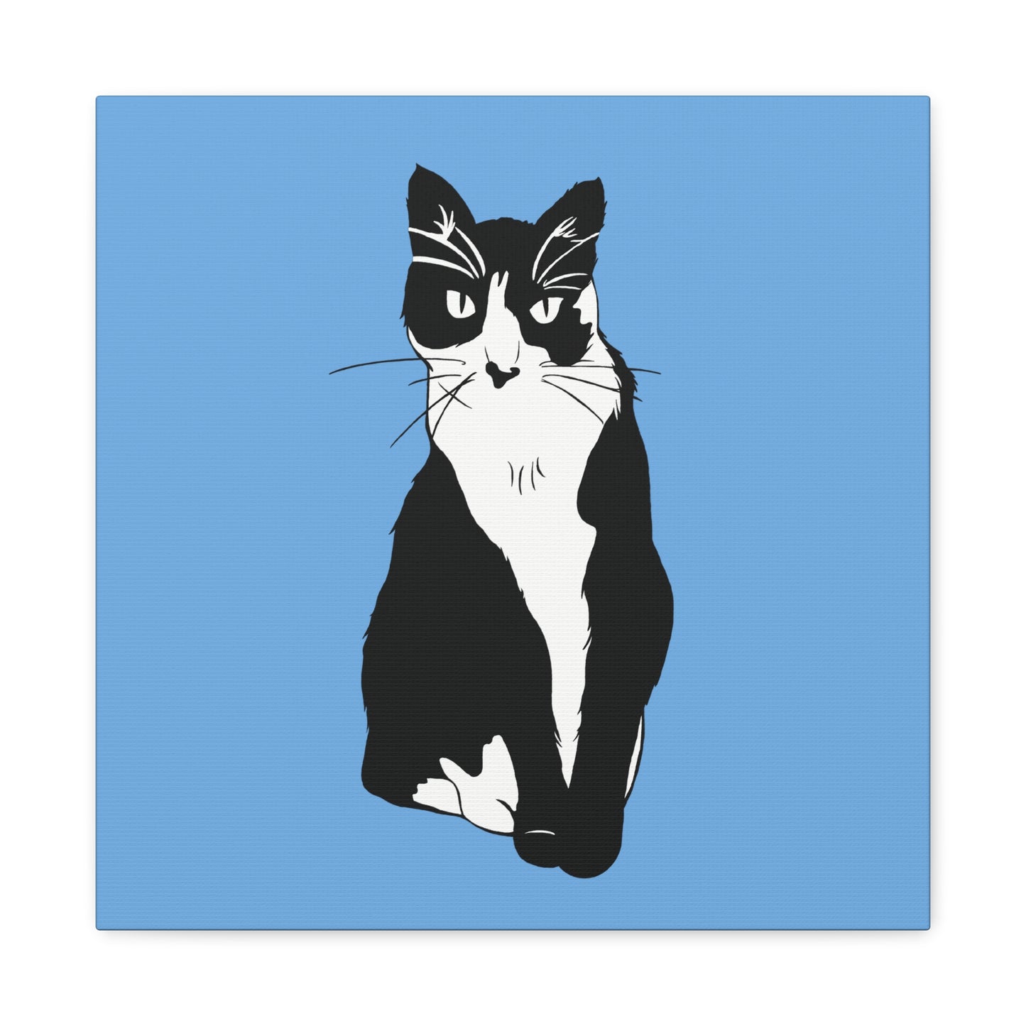 Cat Canvas on Light Blue (B&W Style Cat) - Cat Drawing Art