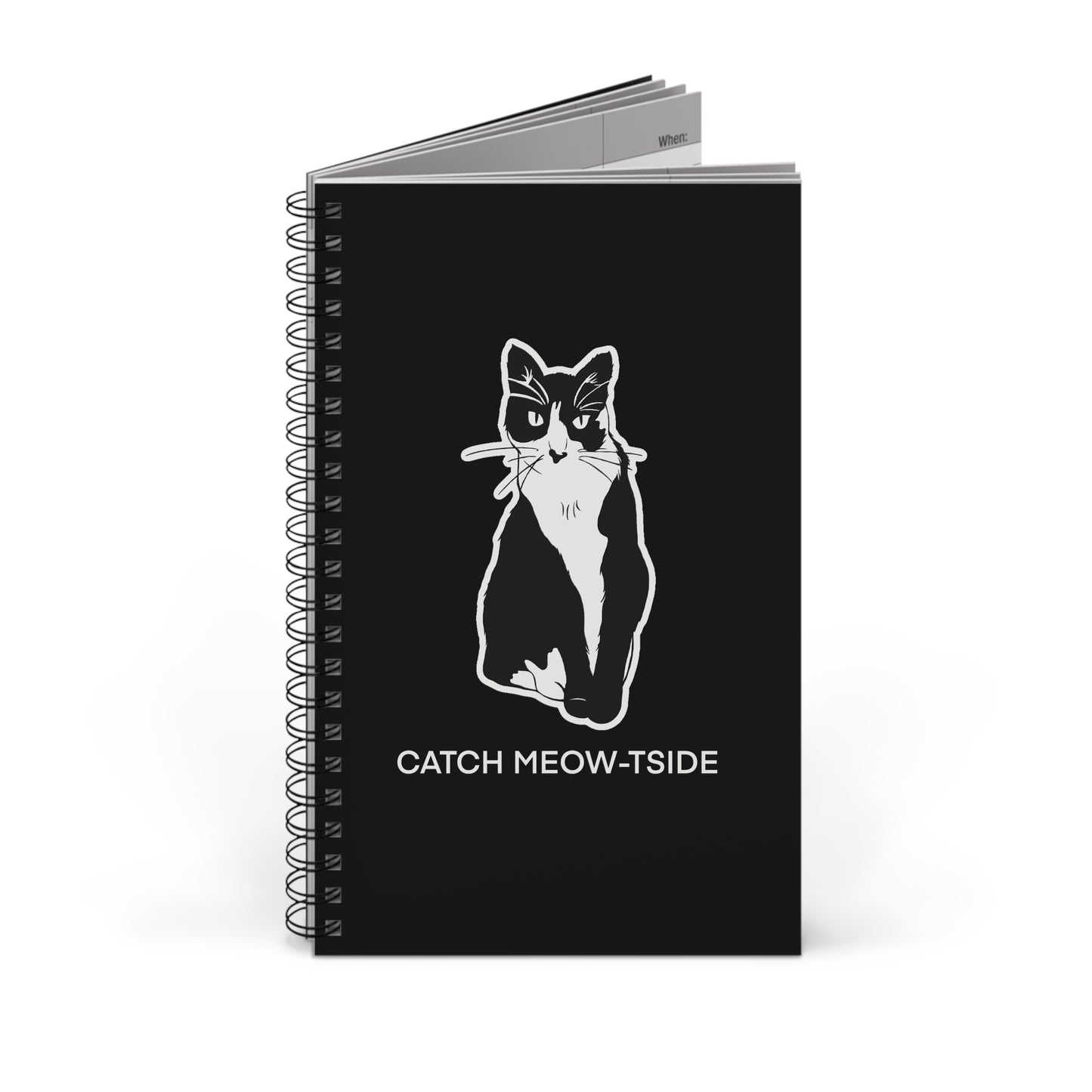 Catch Meow-tside Notebook in Black (Sticker Style Cat with White Writing) - Cat Spiral Notebook