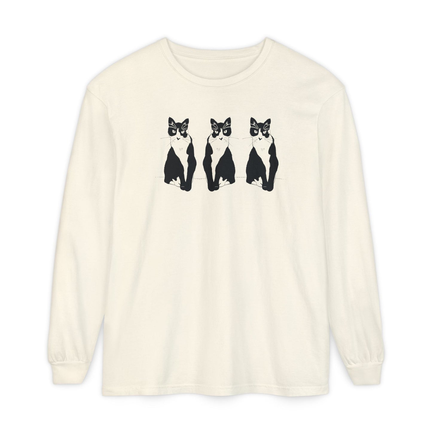 Cat x3 Long Sleeve Tee (Transparent Style Cat) - Cat Drawing Shirt