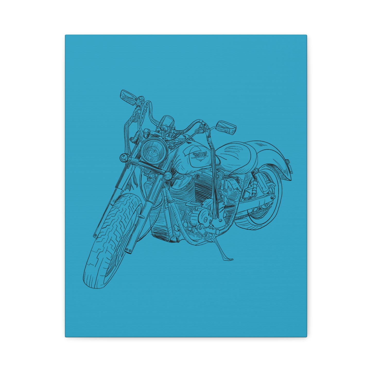 Ride Me Harley Motorcycle Sketch Canvas Print - Black Ink on Turquoise Background