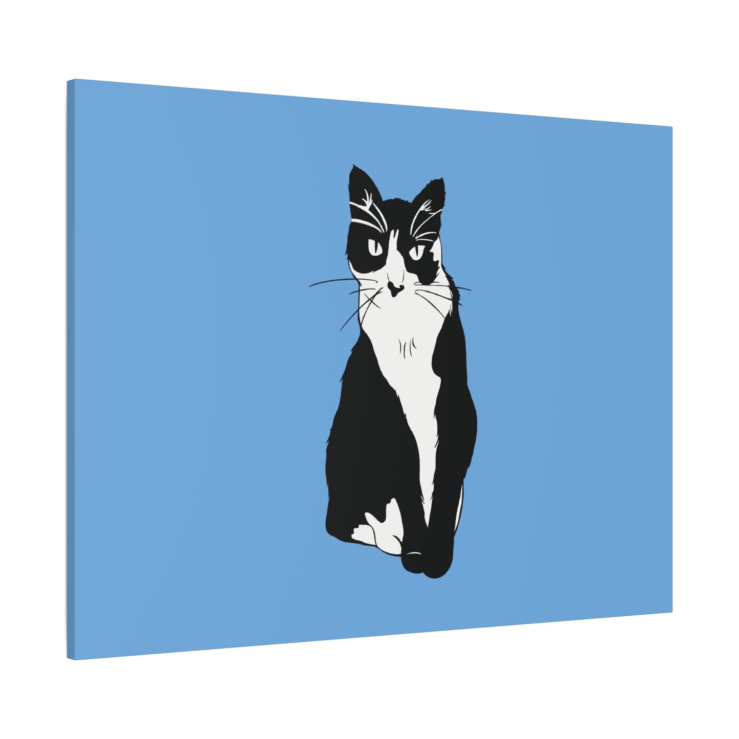 Cat Canvas on Light Blue (B&W Style Cat) - Cat Drawing Art