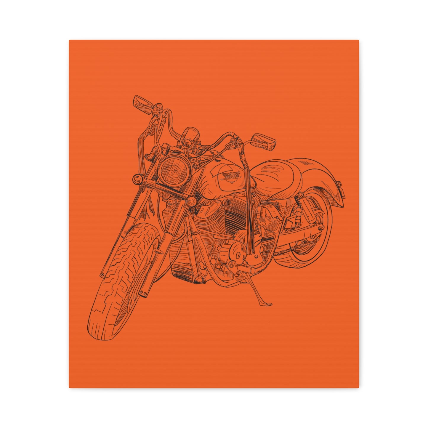 Harley Motorcycle Sketch Canvas Print - Black Ink on Orange Background