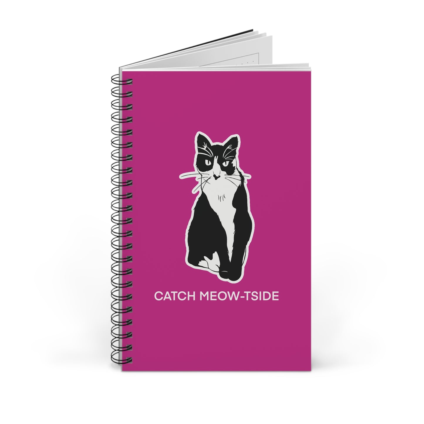 Catch Meow-tside Notebook in Pink (Sticker Style Cat with White Writing) - Cat Spiral Notebook