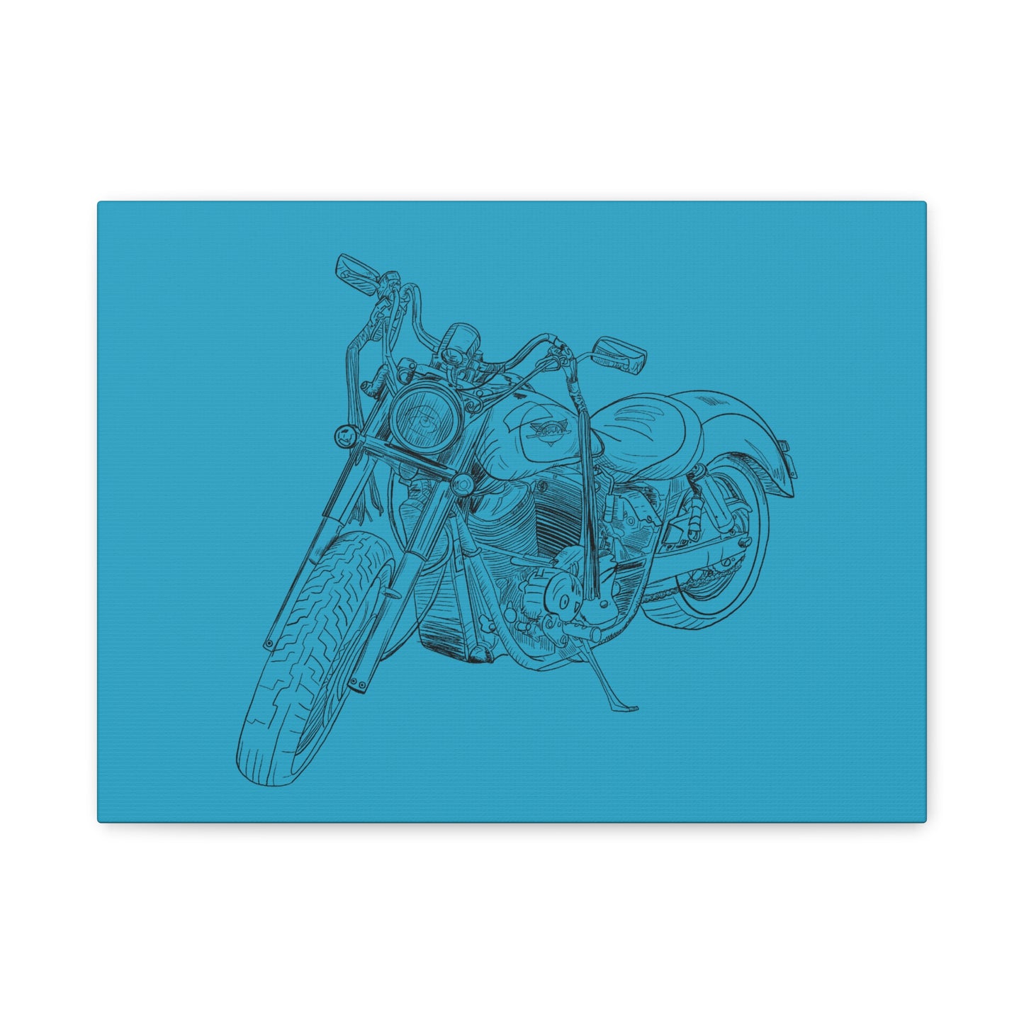 Ride Me Harley Motorcycle Sketch Canvas Print - Black Ink on Turquoise Background